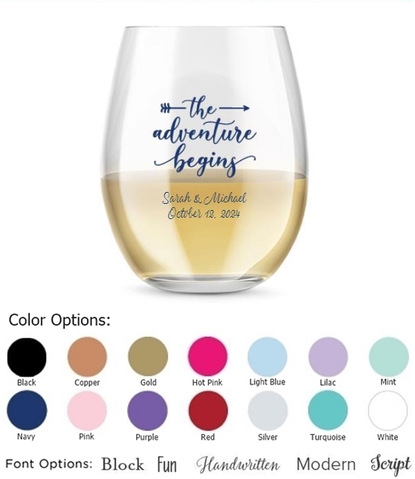Personalized 15oz Adventure Begins Arrow Design Stemless Wine Glass