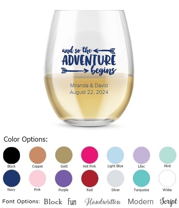 Personalized 15oz So The Adventure Begins Design Stemless Wine Glass