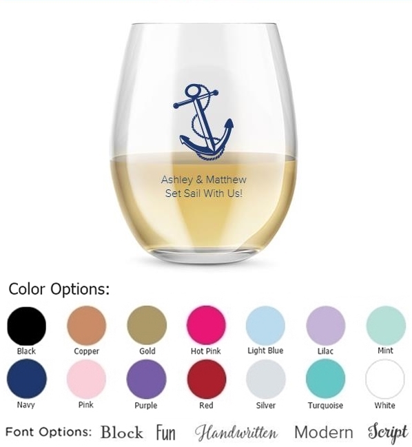 Kate Aspen Personalized 15oz Anchor & Rope Design Stemless Wine Glass