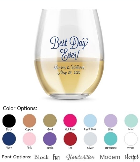 Kate Aspen Personalized 15oz Best Day Ever Design Stemless Wine Glass