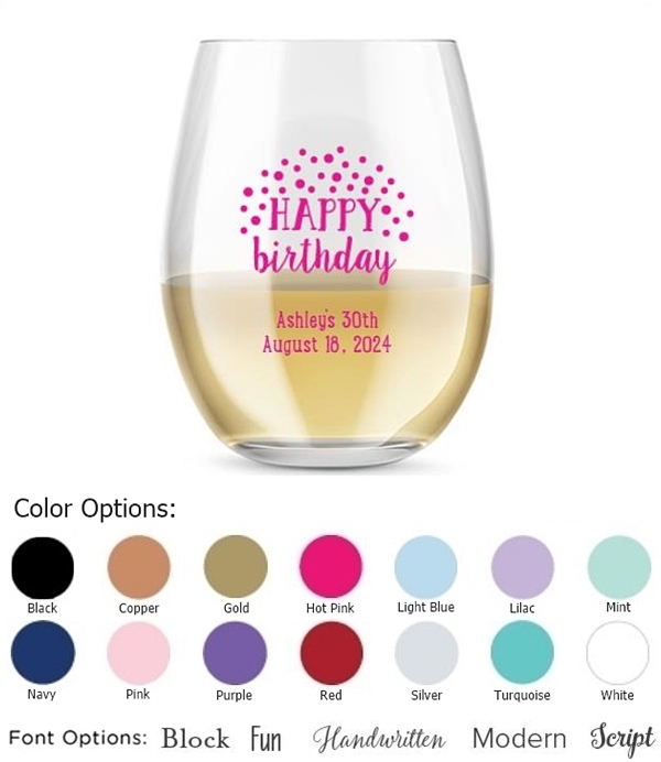 Kate Aspen Personalized 15oz Cheerful Birthday Stemless Wine Glass