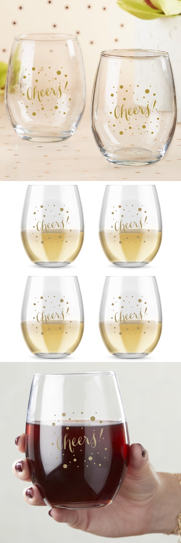 Kate Aspen 15oz Cheers! Dots Design Stemless Wine Glasses (Set of 4)