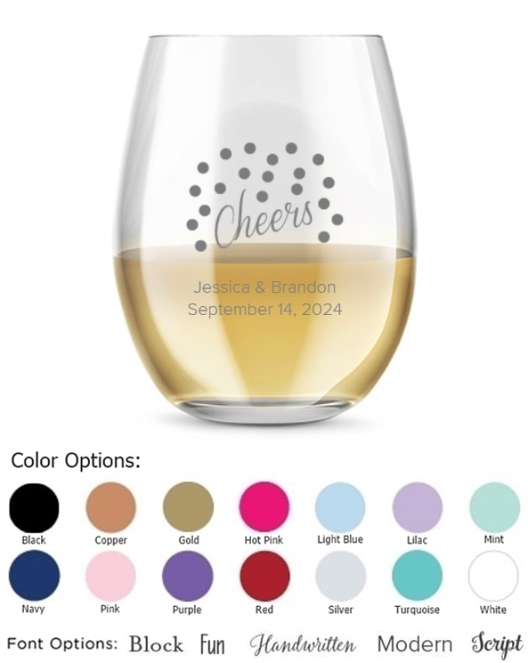 Kate Aspen Personalized 15oz Cheers Dots Design Stemless Wine Glass