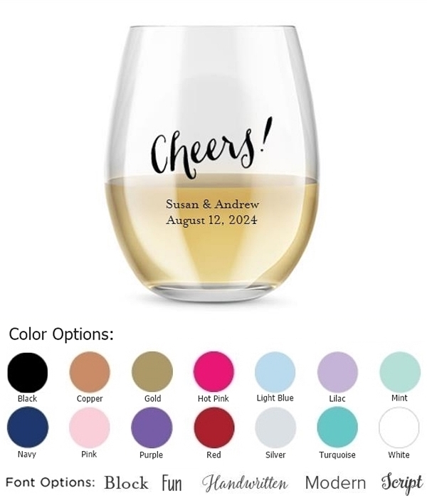 Kate Aspen Personalized 15oz Cheers! Script Design Stemless Wine Glass