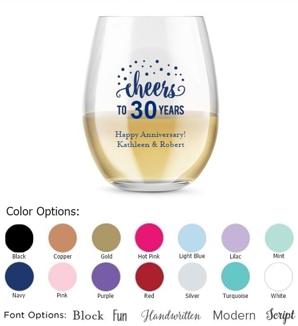 Kate Aspen Personalized 15oz Cheers to Years Dots Stemless Wine Glass