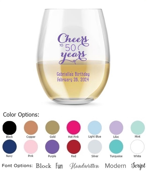 Kate Aspen Personalized 15oz Cheers to X Years Stemless Wine Glass