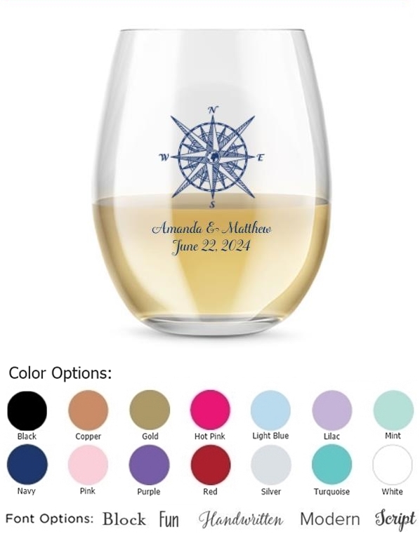 Kate Aspen Personalized 15oz Compass Design Stemless Wine Glass
