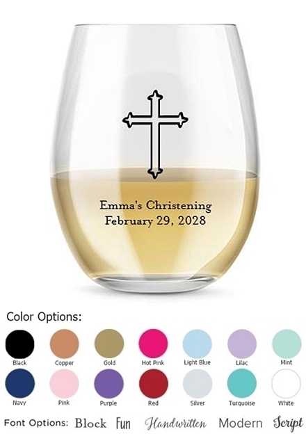 Kate Aspen 'Classic Cross' Design Personalized 15oz Stemless Wine Glass