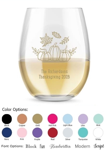 Kate Aspen Fall Pumpkins & Leaves Design Personalized 15oz Stemless Wine Glass