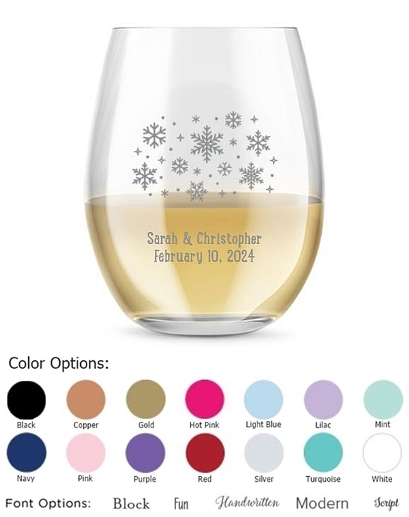 Personalized 15oz Falling Snowflakes Design Stemless Wine Glass