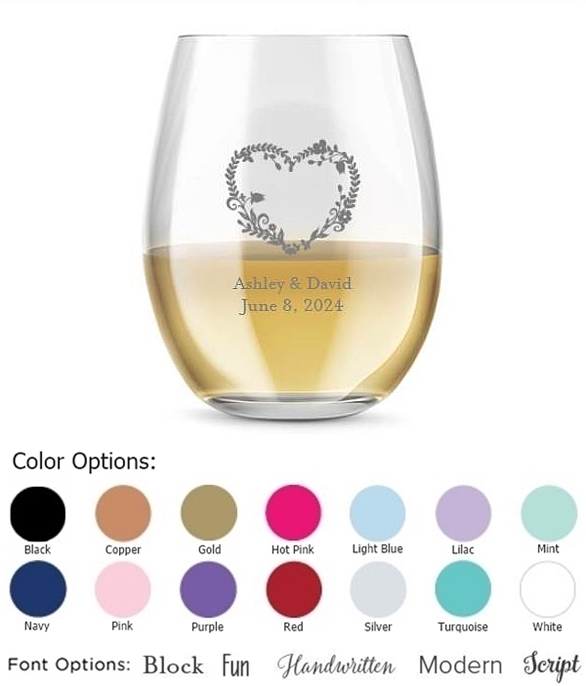Kate Aspen Personalized 15oz Heart Floral Design Stemless Wine Glasses