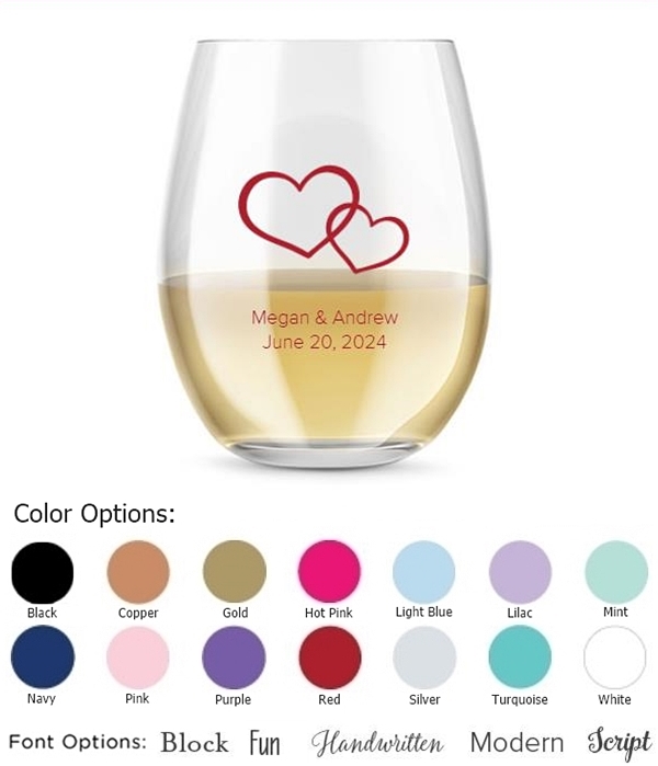 Kate Aspen Personalized 15oz Hearts Entwined Motif Stemless Wine Glass