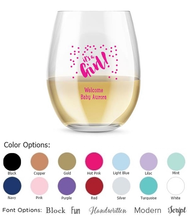 Kate Aspen Personalized 15oz It's A Girl Confetti Stemless Wine Glass
