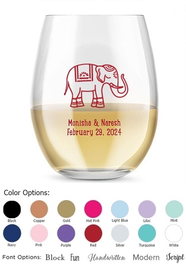 Kate Aspen Personalized 15oz Lucky Elephant Design Stemless Wine Glass