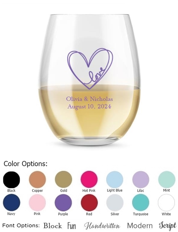 Kate Aspen Personalized 15oz Love in Heart Design Stemless Wine Glass