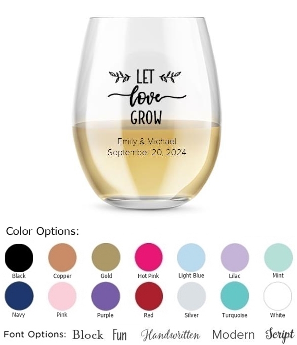 Kate Aspen Personalized 15oz Let Love Grow Design Stemless Wine Glass