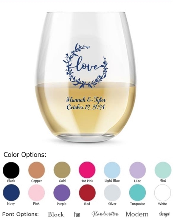 Kate Aspen Personalized 15oz Love Wreath Design Stemless Wine Glass