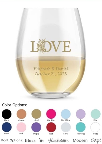 Kate Aspen "LOVE" Floral Design Personalized 15oz Stemless Wine Glass