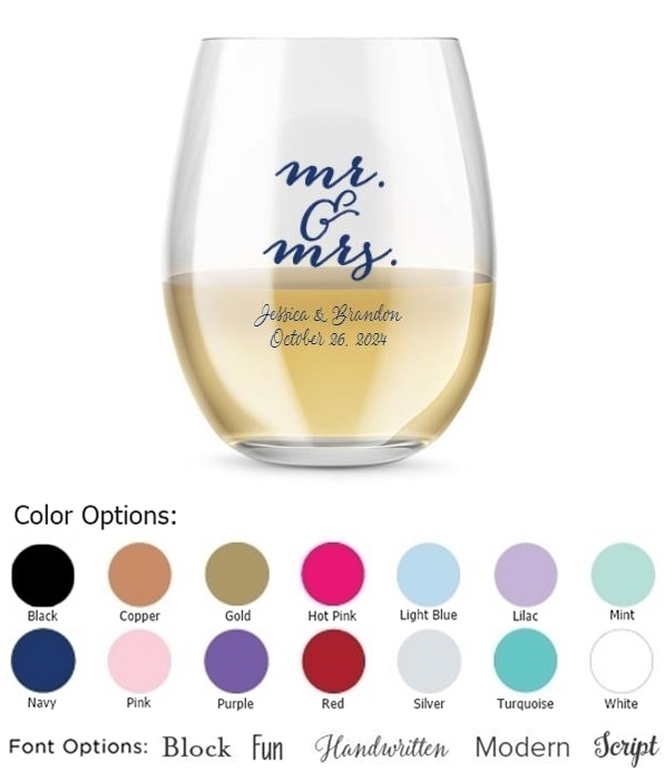 Kate Aspen Personalized Mr & Mrs Heart Design 15oz Stemless Wine Glass