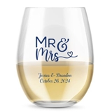 Kate Aspen Personalized 15oz Mr & Mrs Heart Design Stemless Wine Glass