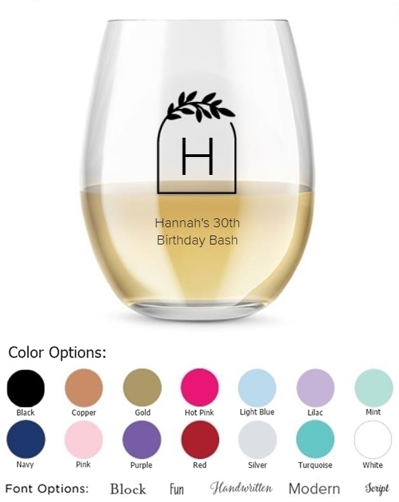 Kate Aspen Personalized 15oz Monogram Arch Design Stemless Wine Glass