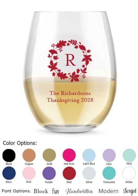 Kate Aspen Monogram Fall Wreath Design Personalized 15oz Stemless Wine Glass