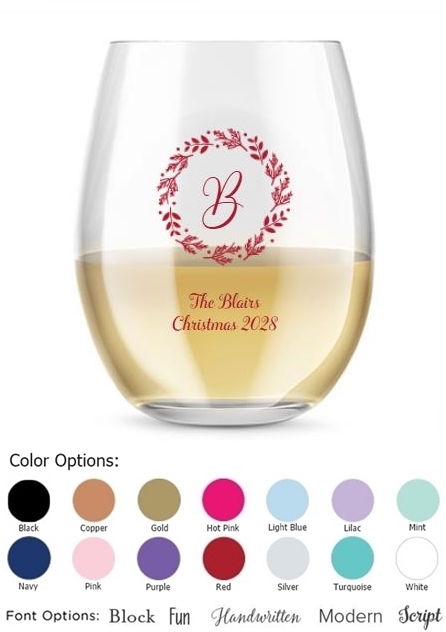 Kate Aspen Monogram Merry Wreath Design Personalized 15oz Stemless Wine Glass