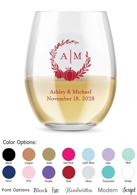 Kate Aspen Monogram Wreath Pumpkin Design Personalized 15oz Stemless Wine Glass