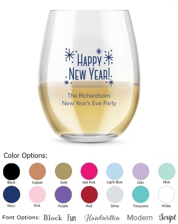 Kate Aspen Personalized 15oz New Year's Designs Stemless Wine Glasses