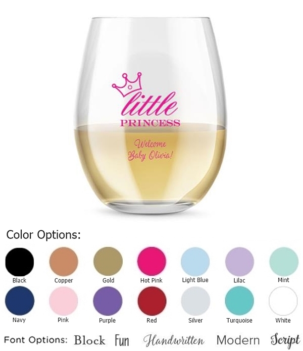 Kate Aspen Personalized 15oz Little Princess Crown Stemless Wine Glass