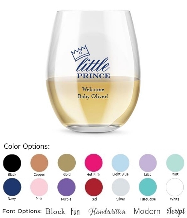 Kate Aspen Personalized 15oz Little Prince Crown Stemless Wine Glass