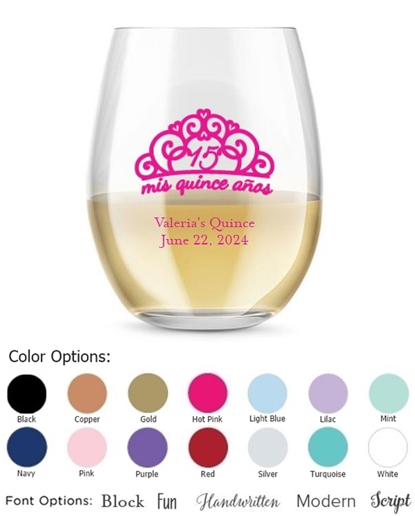 Personalized 15oz 'Mis Quince Anos' Tiara Design Stemless Wine Glass
