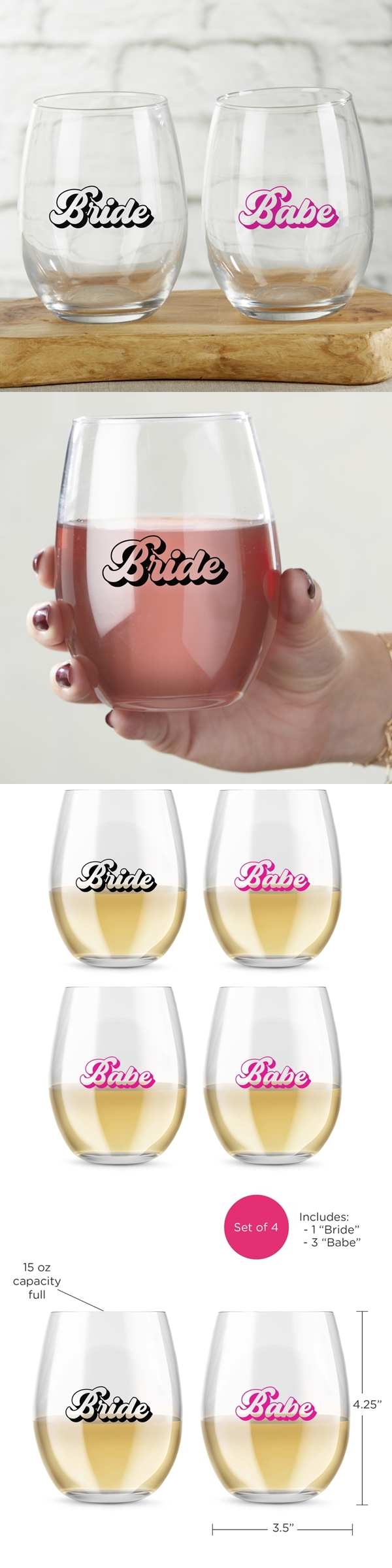 Kate Aspen 15oz Retro Bride & Babe Stemless Wine Glasses (Set of 4)