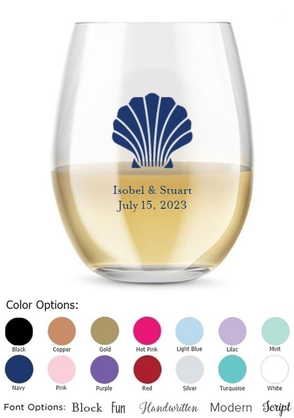 Kate Aspen Personalized 15oz Seashell Design Stemless Wine Glasses