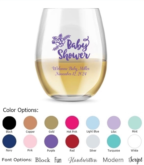 Kate Aspen Personalized 15oz Baby Shower Floral Stemless Wine Glass