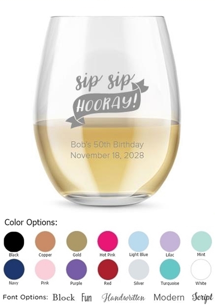 Kate Aspen Personalized 'Sip Sip Hooray' Design 15oz Stemless Wine Glass