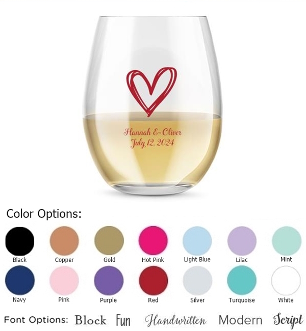 Kate Aspen Personalized 15oz Stylized Heart Design Stemless Wine Glass