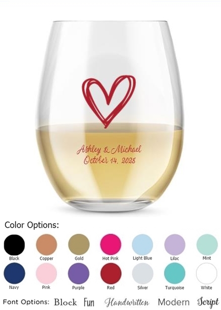 Kate Aspen Stylized Heart Design Personalized 15oz Stemless Wine Glass
