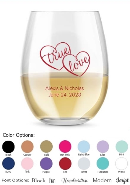 Kate Aspen True Love Double Hearts Design Personalized 15oz Stemless Wine Glass