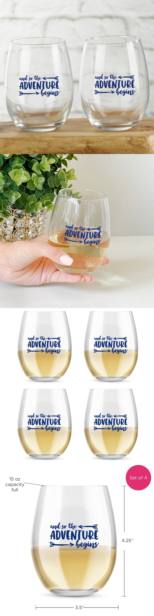 15oz 'The Adventure Begins' Design Stemless Wine Glasses (Set of 4)