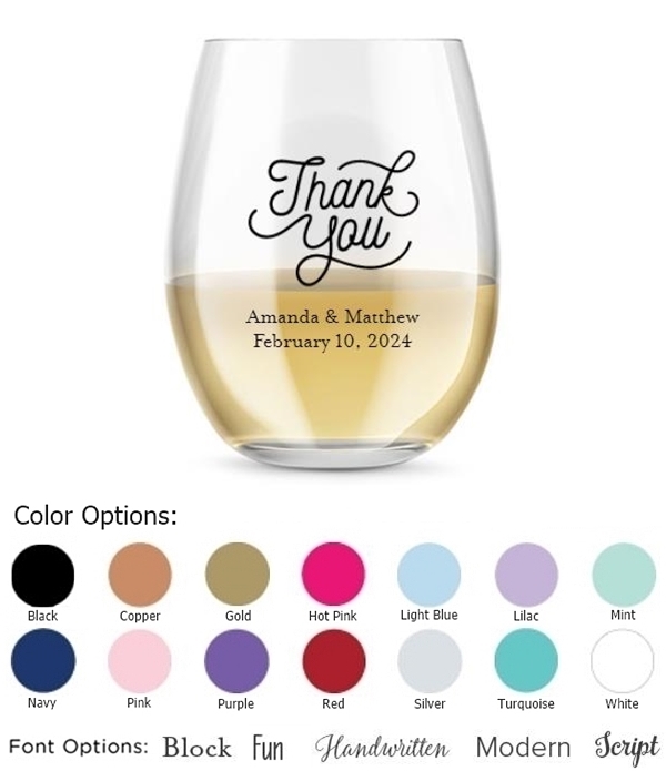 Kate Aspen Personalized 15oz Thank You Script Stemless Wine Glass