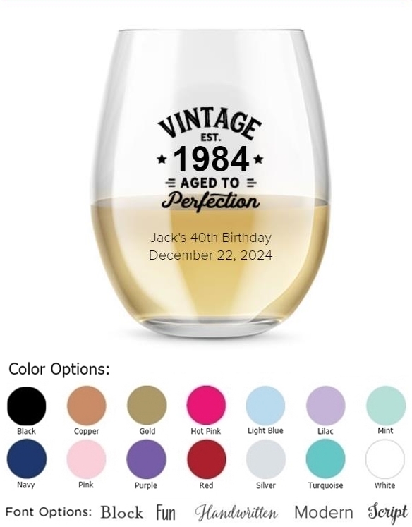 Kate Aspen Personalized 15oz Vintage Aged Design Stemless Wine Glass