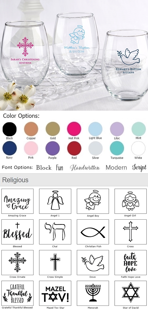 Kate Aspen Personalized Stemless 15 oz. Wine Glass (Religious Designs)