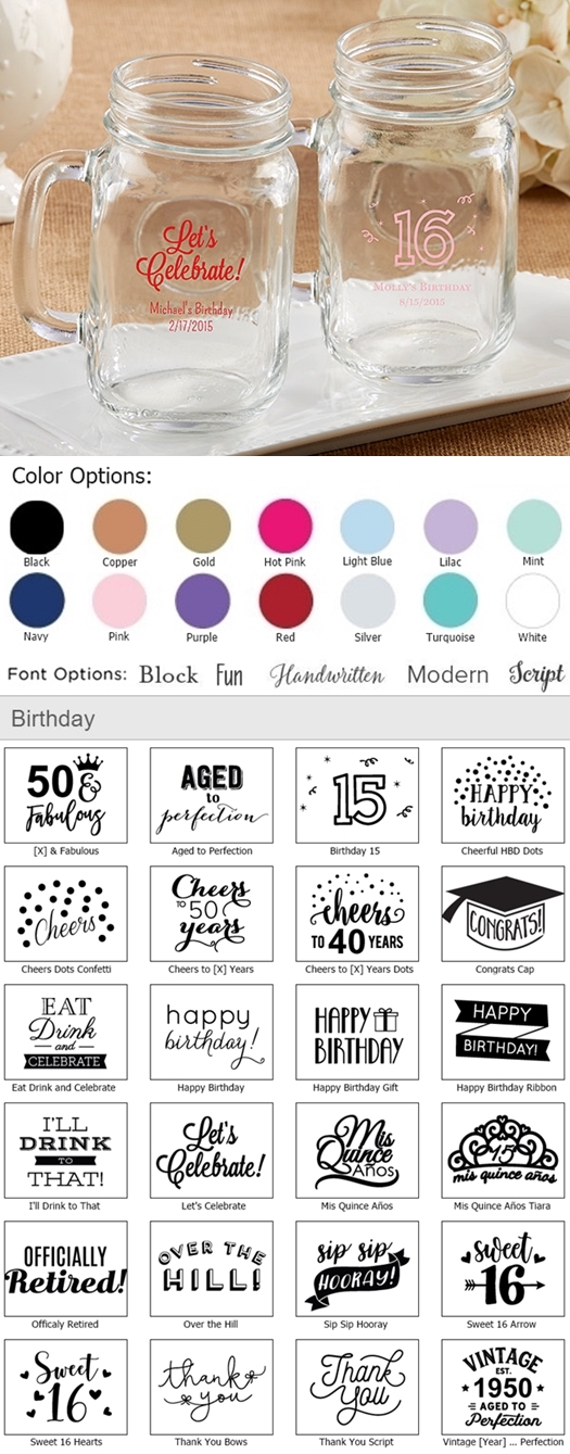 Kate Aspen Personalized 16oz Mason Jars (Birthday Designs)