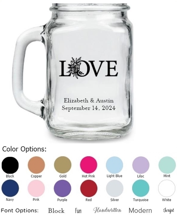 Kate Aspen "LOVE" Floral Design Personalized 16oz Mason Jar