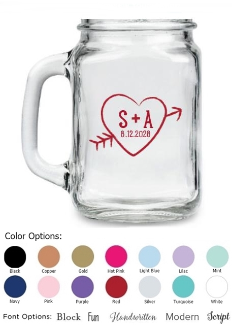 Kate Aspen Personalized Monogram Carved Heart Design 16oz Mason Jar