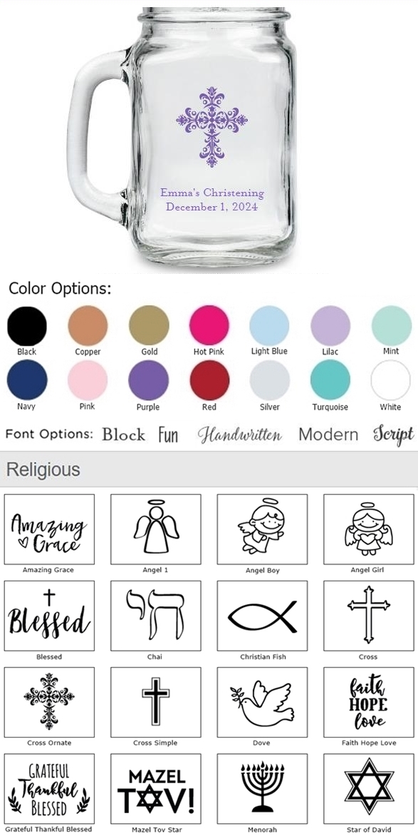 Kate Aspen Personalized 16oz Mason Jars with Religious Designs