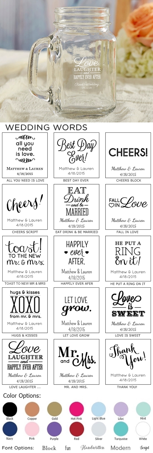 Kate Aspen Personalized 16oz Mason Jars (Wedding Words Designs)