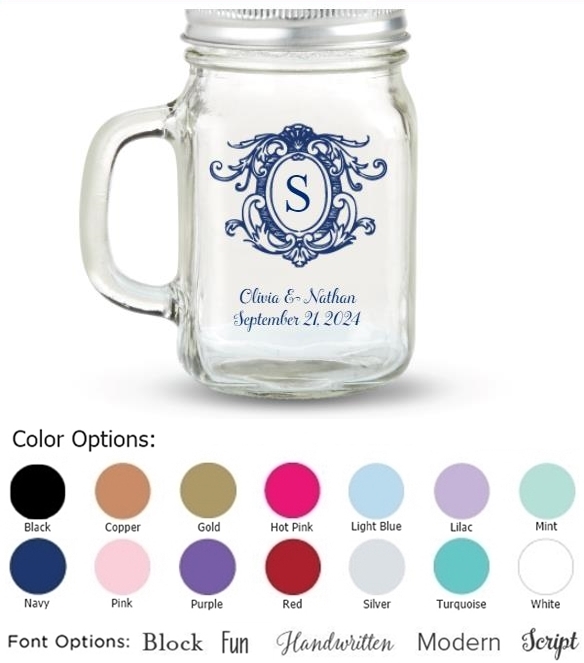Kate Aspen Monogram Crest Design Personalized 12oz Mason Jar with Lid