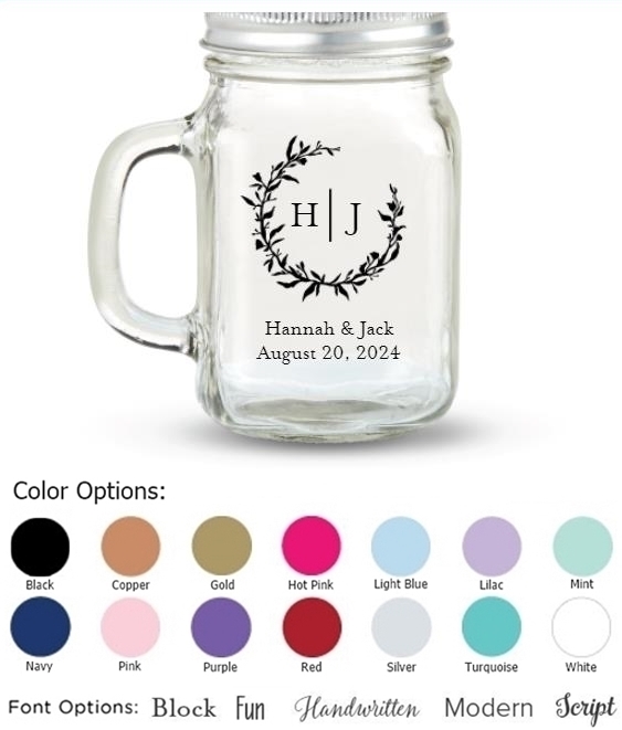 Kate Aspen Monogram Wreath Design Personalized 12oz Mason Jar with Lid